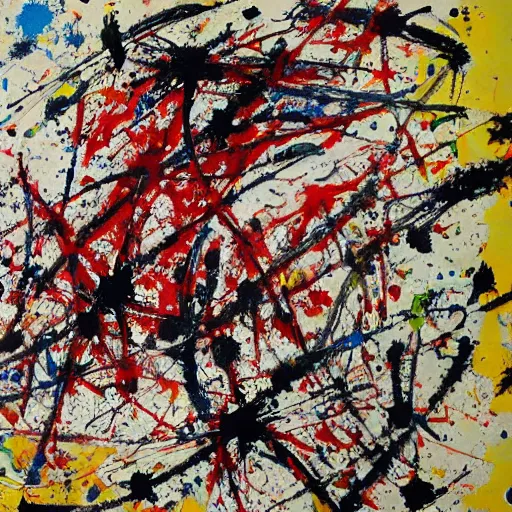 Image similar to a painting with lots of paint splattered on it, an abstract painting by pollock, pixiv, gutai group, artwork, academic art, official art