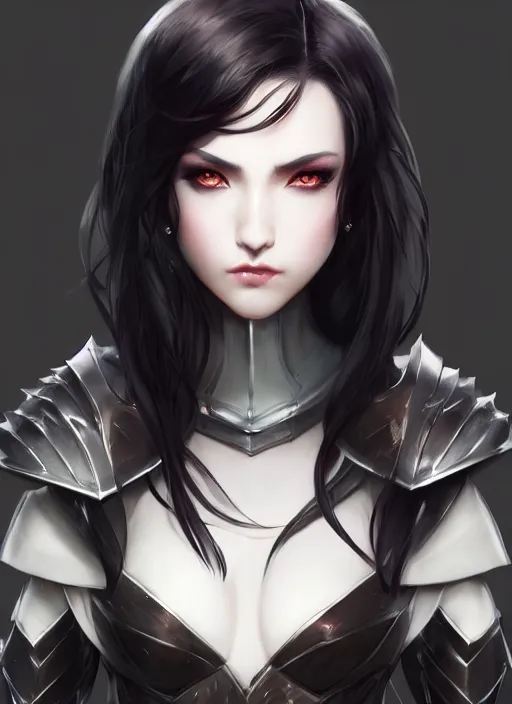 Image similar to full plate armor!!! beautiful and elegant dark hair female vampire!! gorgeous ayes!! character concept art, sharp focus, octane render! unreal engine 5! highly rendered!! trending on artstation!! detailed linework!! illustration by artgerm, wlop, and chie yoshii