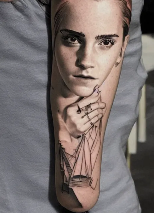 Image similar to emma watson, dope tattoo, hyperrealistic