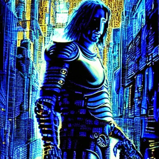 Image similar to keanu reeves as cyberpunk shiva knight, atmospheric lighting, painted, intricate, golden and blue hour, ultra detailed by philippe druillet