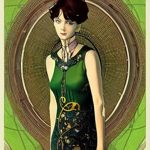 Prompt: brass semi - mechanical woman, portrait, art nouveau dress, art by moebius and ilya kuvshinov, in clockwork cityscape, green eyes