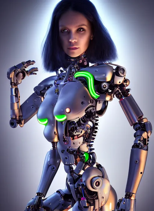 Image similar to photorealistic detailed full body picture of a female cyborg, pretty face with arms and legs and feet and hands, glamour pose, neon lights, humanoid, extreme, uhdr, book called the most influental cyborg in 2 0 5 0, fine details, highly detailed, intricate, smooth sharp focus, symmetrical features, environmental portrait, realistic render