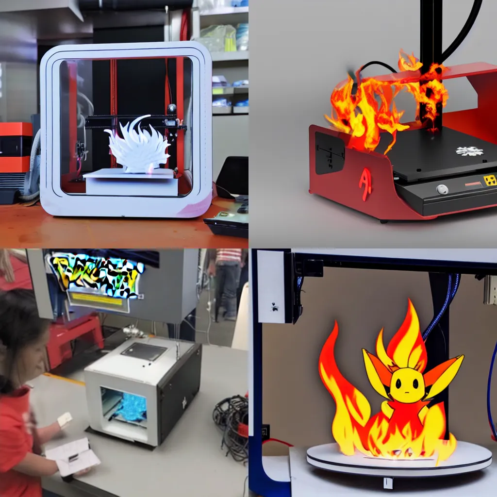 Prompt: a 3D printer making a fire Pokemon