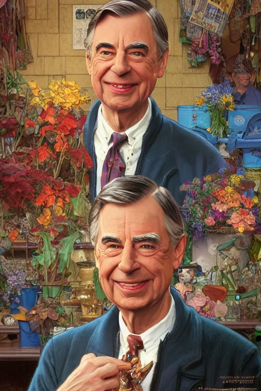 Image similar to mister rogers portrait, intricate, by stanley artgerm lau, greg rutkowski, thomas kindkade, alphonse mucha, loish, norman rockwell