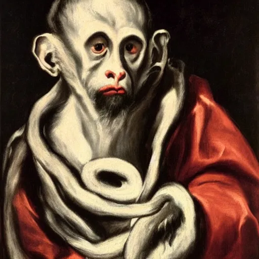 Prompt: a philosopher monkey contemplating matters, portrait, by el greco