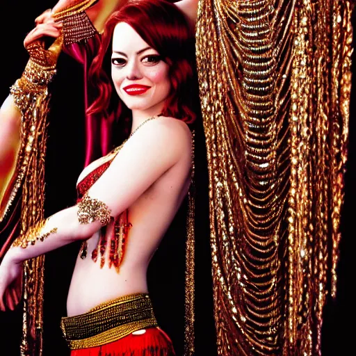 Image similar to a portrait of emma stone dressed as a belly dancer, arabian night, high quality, fully detailed, 4 k, in focus face with fine details, realistic hand details and anatomy