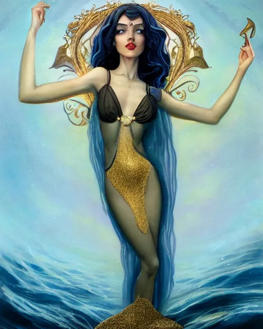 Image similar to a beautiful dark androgynous mermaid, pinup pose, long hair, tall and thin, wearing dozens of pendants and a gown of gold, small delicate crown of the sea on her head, illustration, symmetry accurate features, volumetric light clouds, ultra realist soft painting, (art nouveau), octane render, 8k, HD, by Tom Bagshaw, Brom, Charlie Bowater, faces by otto schmidt