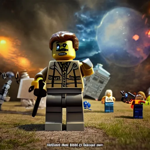 Image similar to zombies chasing Lego Dr Who, cinematic photography, concept art, cinematic