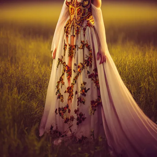 Image similar to photo of an extremely beautiful woman in ornate gown in an endless ethereal meadow, 4 k, hdr, smooth, sharp, focus, hyper realistic, high resolution, award - winning photo, bokeh, graflex camera, super resolution