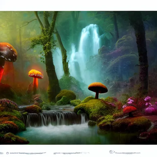 Image similar to tom bagshaw, soft painting render curiosities carnival pond river vegetation rocks gigantic mushrooms covered moss scintillating bioluminescent wisps, beautiful miniature silhouettes waterfall rainbow wildlife, accurate features, focus, very intricate ultrafine details, random volumetric lighting, fog, award winning masterpiece, octane render 8 k hd, artstation