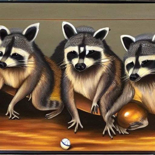 Prompt: a painting of a gang of racoons in the bowling alley, causing trouble