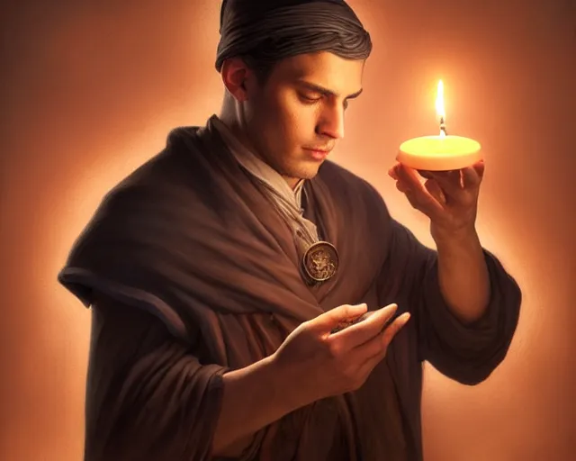 Prompt: a mind - blowing portrait of a fortune seeker male, clean shaven, holding a candle holder, wearing dark maritime clothing, long night cap, deep focus, d & d, fantasy, intricate, elegant, highly detailed, digital painting, artstation, concept art, matte, sharp, illustration, hearthstone, art by artgerm and greg rutkowski and alphonse mucha