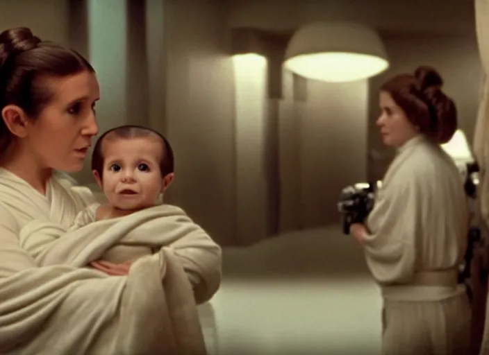 Image similar to screenshot of Princess Leia Organa holding a one newborn baby in a swaddle with Han Solo standing next to her, iconic scene from 1970s film directed by Stanley Kubrick, in a sci fi nursing home architecture, 4k HD sharp, cinematic lighting still frame, photoreal, detailed face, moody lighting, stunning cinematography, anamorphic lenses, kodak color film stock