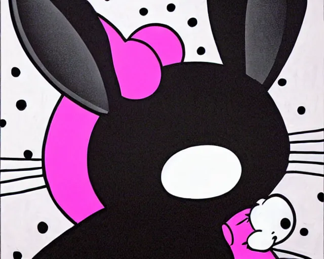 Image similar to a very cute black bunny, black fur with white puffs, fine art by romero britto