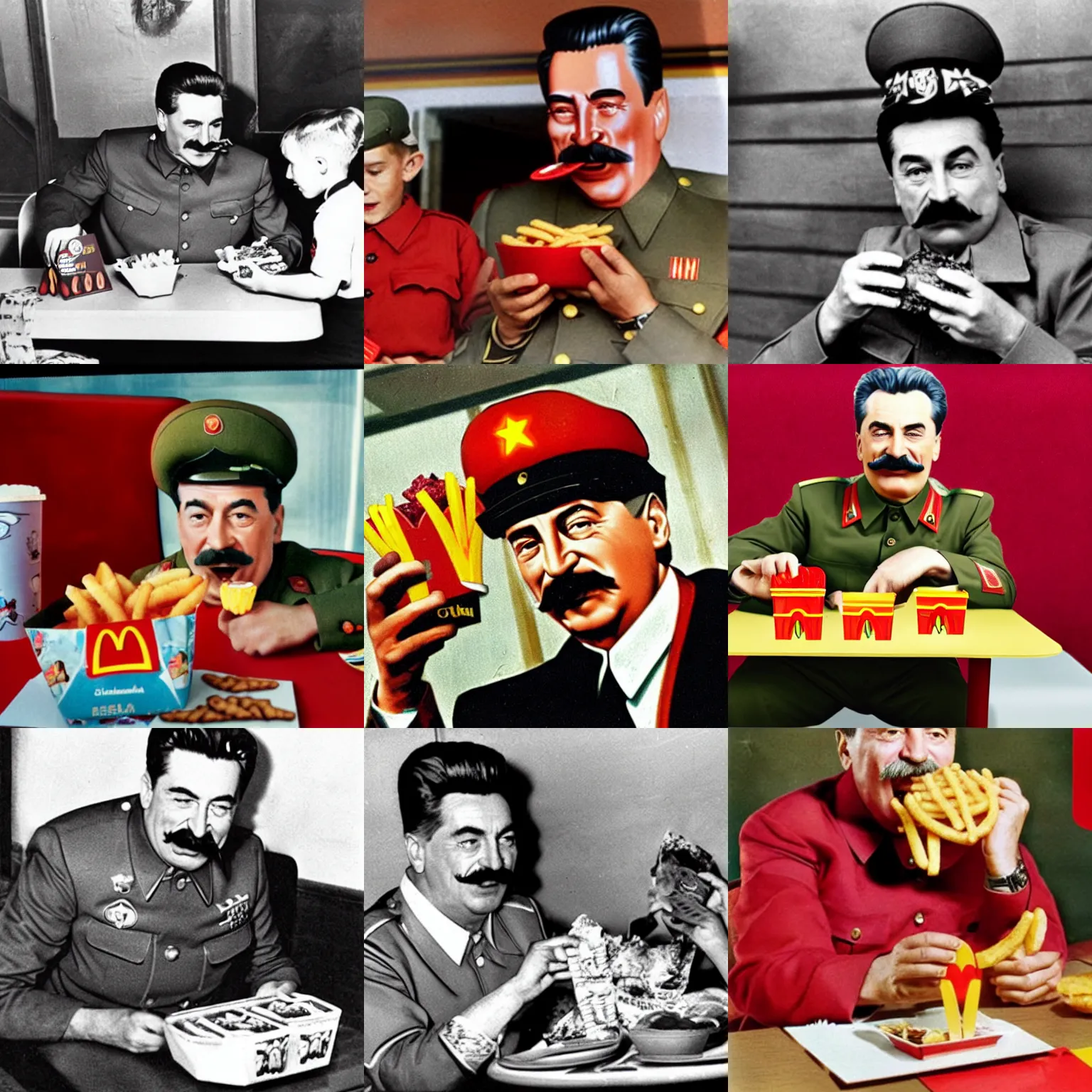 Prompt: stalin eating a happy meal at mcdonalds, colorized