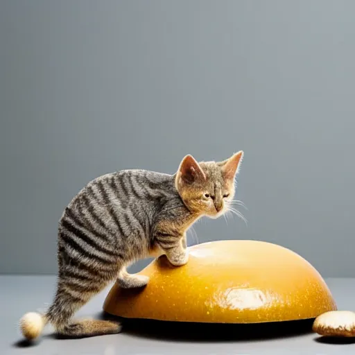 Prompt: a small domestic housecat with a golden mushroom growing atop its head