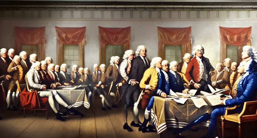 Image similar to fish signing the declaration of independence, realistic painting, high definition, digital art, very detailed, extremely high detail, photo realistic, concept art, unreal engine 5,