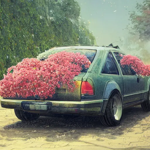 Image similar to a car being destroyed by flower covered vines, heonhwa choe, photorealistic