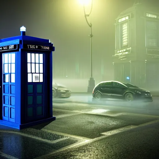 Image similar to a hyperdetailed photograph of the tardis sat on a futuristic street corner, night, dense fog, rain, hd, 8 k resolution