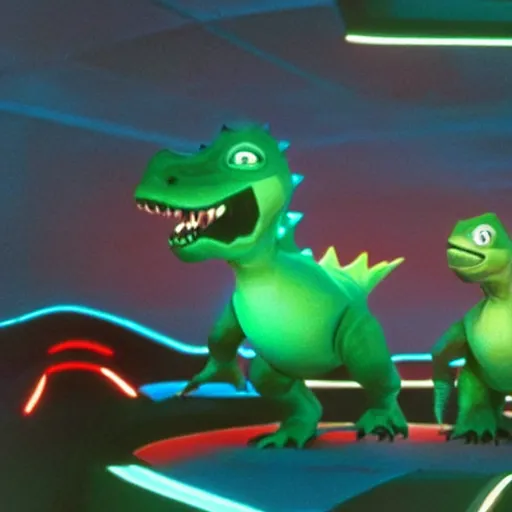 Image similar to baby dinosaurs in tron movie, cinestill