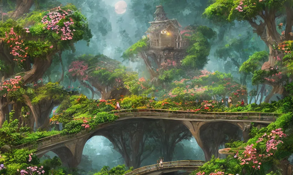 Image similar to a beautiful nature civilization, fancy, flowers, bridges, nature city, people, tree houses, trending on artstation, behance, deviantart