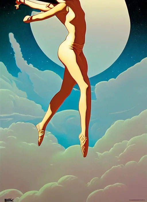 Image similar to poster artwork by michael whelan and tomer hanuka, portrait of beautiful sensual dancer in the clouds of jupiter, clean, art deco