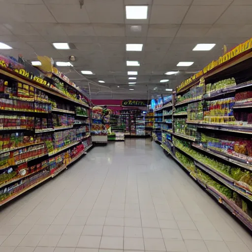 Prompt: photo of a grocery store interior, the floor is flooded with two meters deep water. eerie, volumetric lighting.