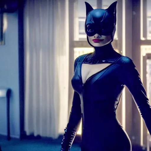 Prompt: Margot Robbie as real-life Catwoman, cinematic, Wide-shot, atmospheric lighting, directed by Quentin Tarantino, extreme detail, 8K, movie still