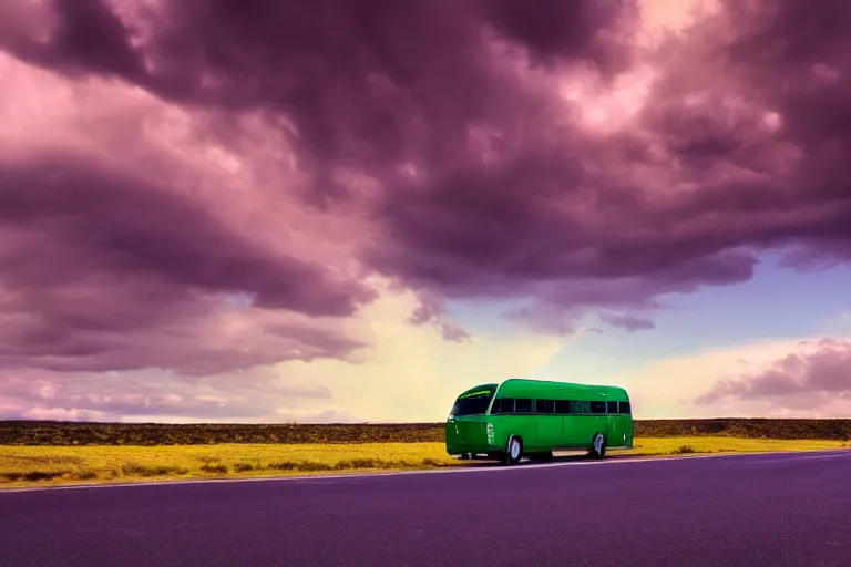 Image similar to A stunning landscape image of Hegra, bus ,dramatic lighting, emerald sky,