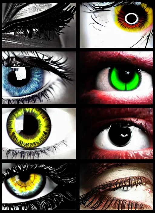 Prompt: grid montage of cube shaped eyes cubes, square shaped black dilated pupils cubes, cube shaped irises, detailed colored textures, lashes, advanced art, art styles mix, wet reflections in square eyes, sunshine light, hd macro photograph, from side, various eyelid positions, square black pupil centered