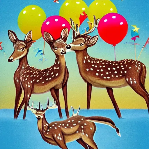 Image similar to three deers having a cool birthday party, photo, highly detailed