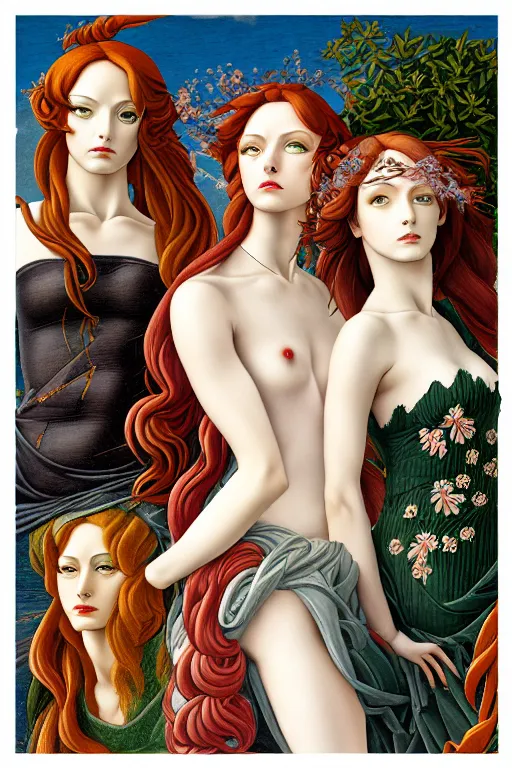 Image similar to 12 figures, representing the 4 seasons, (3 as Spring, 3 as Summer, 3 as Autumn, and 3 as Winter), in a mixed style of Botticelli and Æon Flux, inspired by pre-raphaelite paintings, shoujo manga, and cyberpunk, stunningly detailed, elaborate inking lines, pastel colors, 4K photorealistic