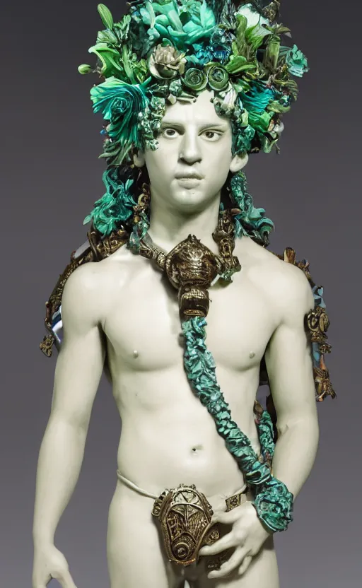 Prompt: a young handsome seductive latino ceramic sculpture of a prince with a head of a CRT monitor and a large glowing violet crystal in the center of his chest, full-body bronze cyberpunk style statue of Andromeda with glowing green laser eyes, crown of mechanical chrysanthemums, flowing aqua silk, fabric, steampunk flowers. baroque elements, human hands. full-length view. baroque element. intricate artwork by caravaggio. many flying horses on background. Trending on artstation, octane render, cinematic lighting from the right, hyper realism, octane render, 8k, depth of field, 3D