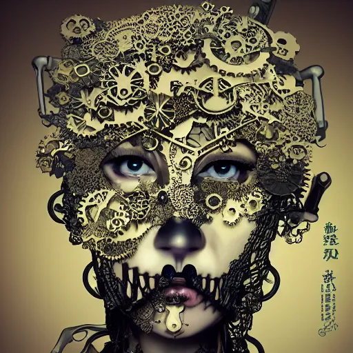 Image similar to surreal manga anime photo portrait of complex bio-mechanical beautiful young female skeletal cyborg with a Mandelbrot fractal steampunk metal fine lace face, retrofuturistic depressing, floral foliage super big lace collar, rococo, steampunk, 8k