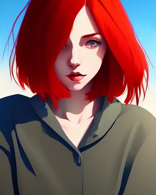 Image similar to a detailed portrait of a stunning!! woman with red hair and freckles by ilya kuvshinov, digital art, dramatic lighting, dramatic angle