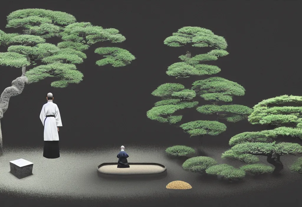 Prompt: a lone priest tending a zen garden kyoto, japan, a collage painting, in the style of wes anderson, lola dupre, david hockney, isolated on negative white space background dark monochrome fluorescent neon spraypaint accents volumetric octane render