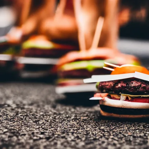 Image similar to an close - up photograph of burger get trampled by shoe, focus and detail, sharp, 4 k