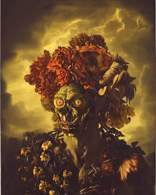 Image similar to oil painting portrait dark background of a mutant man with a strange disturbing face made of flowers and insects by otto marseus van schriek rachel ruysch christian rex van minnen dutch golden age dramatic lighting chiaroscuro