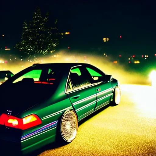 Image similar to a car JZX90 at illegal car meet, Chiba prefecture, city midnight mist lights, cinematic color, photorealistic, highly detailed, 50MM