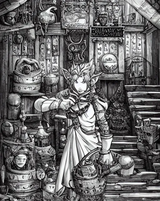 Image similar to A merchant selling treasuries and potions, high detailed store, black and white, fantasy art, goblin art, in the style of masami kurumada, illustration, epic, fantasy, intricate, hyper detailed, artstation, concept art, smooth, sharp focus, ray tracing