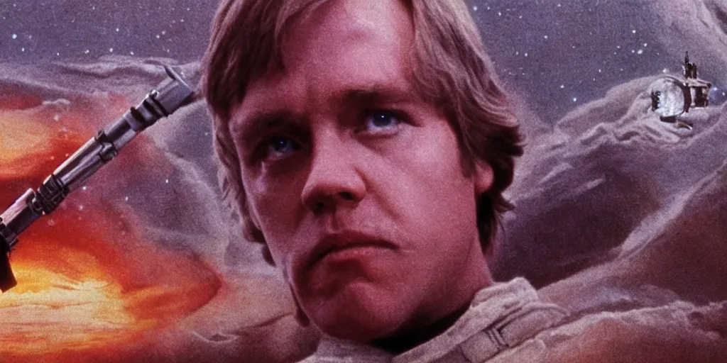 Image similar to screenshot portrait of Luke Skywalker, on a planet of maelstrom, chaos, the world without form and void, 1970s film by Stanley Kubrick, iconic scene, HR Geiger design, stunning cinematography, hyper-detailed, sharp, anamorphic lenses, kodak color, 4k, stunning