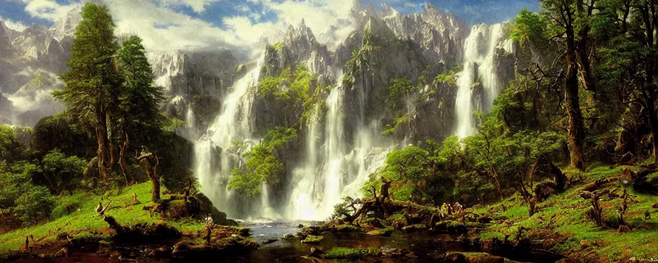 Prompt: epic landscape of rohan in middle earth, large trees, waterfall, vivid colors, by Bierstadt Albert