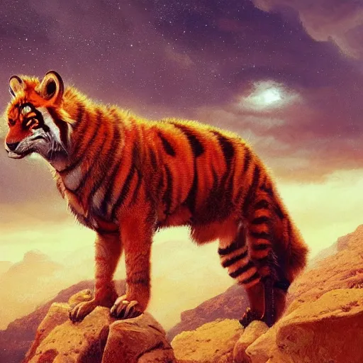 Image similar to Red Tiger Tiger Fox Beast Chimera Hybrid collar wearing feather crest paws tail eyes furry fuzzy standing atop grand canyon greg rutkowski greg danton tony sart raymond swanland chris foss chris cold christophe norman rockwell young acrylic 4k artstation wikiart wikipedia realism tilt-shift aspca national geographic