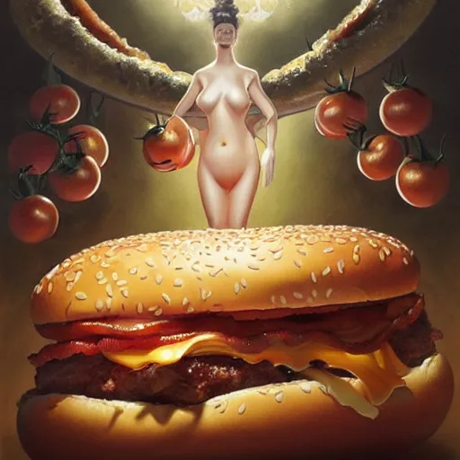 Image similar to detailed full body concept art illustration oil painting of Harvey Weinstein molesting and eating hamburgers, extra ketchup, bacon lettuce and tomatos, oriental art nouveau, frock, mid body, radiant halo of light, black gold smoke ink, fat man covered in bacon and cheese, peter mohrbacher, artgerm