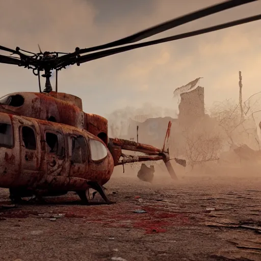 Prompt: apocalyptic, ruined town. rusted helicopter. volumetric lighting, sharp focus, ultra detailed, cgsociety - w 1 0 2 4 - n 8 - i