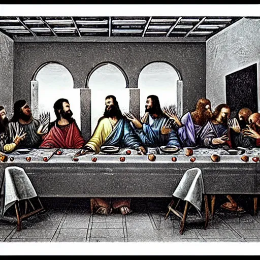 Prompt: the last supper, but at McDonald's, Jesus wears a McDonald's cap,