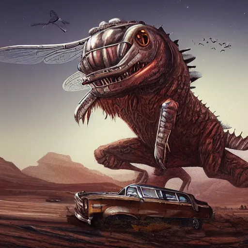 Image similar to giant horsefly monster attacking a silver school bus in the desert, ultra detailed, 8 k, greg rutkowski, artgerm, trending on artstation, award - winning art,