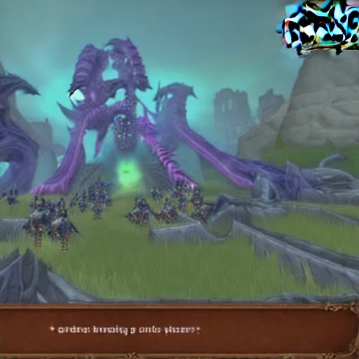 Prompt: world of warcraft screenshot, giant gibbering mouther raid boss