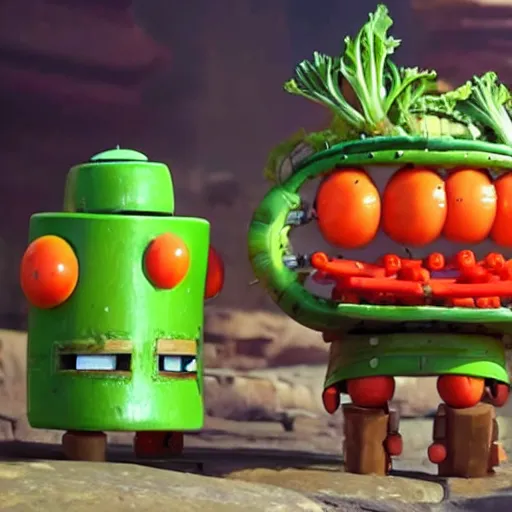 Image similar to robot made of vegetables with big tomato head and a carrot sword, made in abyss style