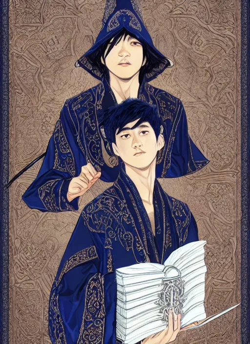 Image similar to a highly detailed illustration of short black haired young asian male wizard wearing ornate navy robe and mage hat, dramatic reading spell book pose, nonchalant expression, intricate, elegant, highly detailed, centered, digital painting, artstation, concept art, smooth, sharp focus, league of legends concept art, WLOP